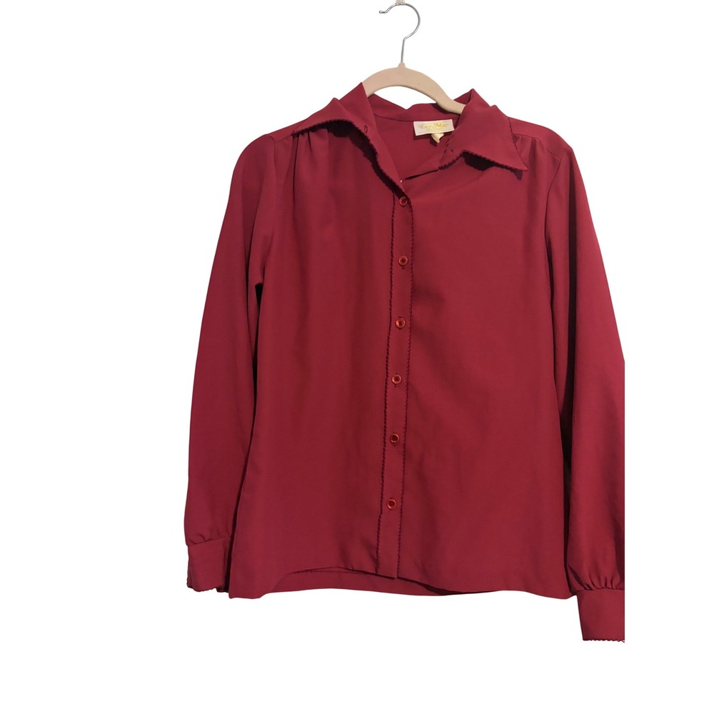 Lee Mar Blouse Vintage 70s Burgundy Scalloped Trim Bishop Sleeve M